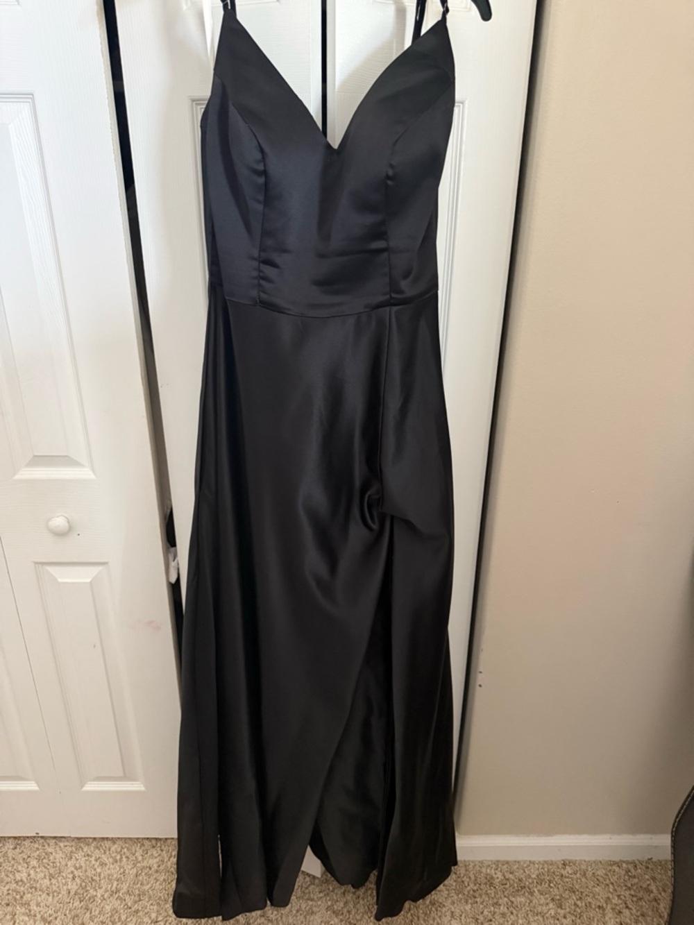 Black Satin V-Neck Evening Dress - Women